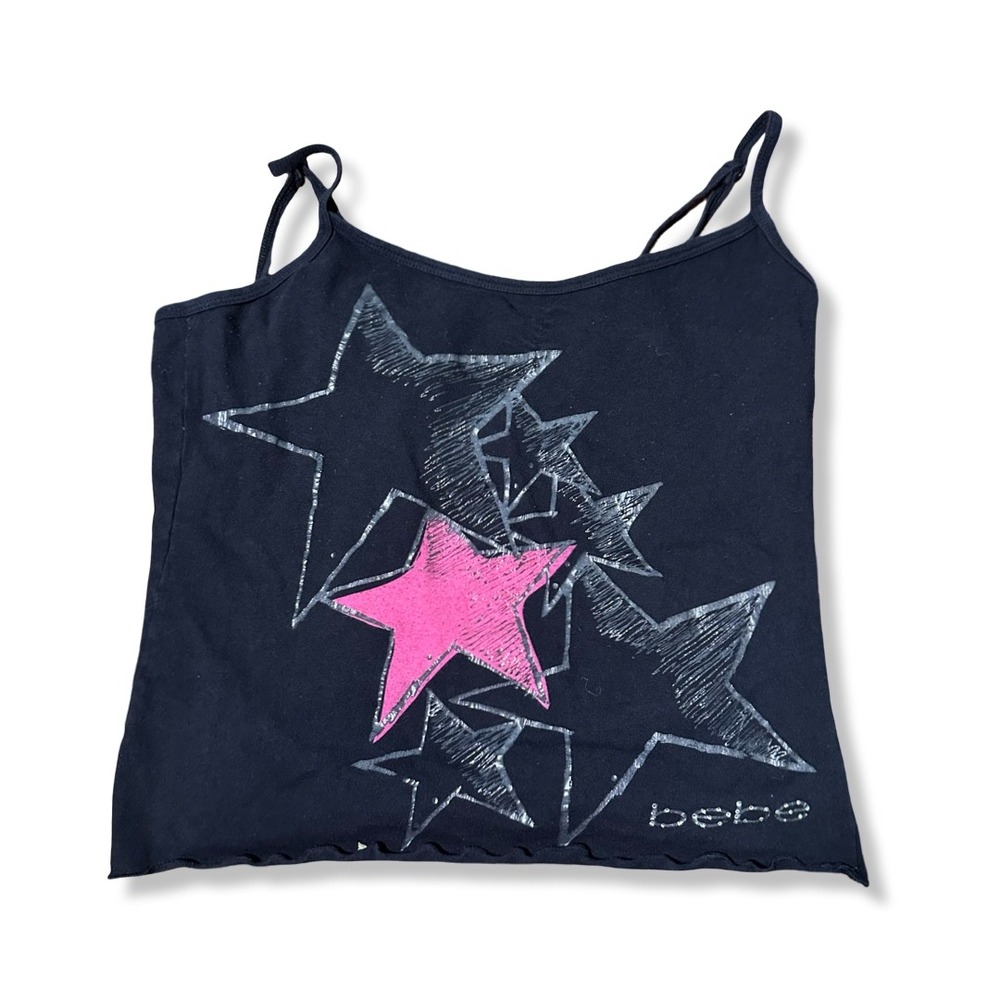 Bebe Cami Top Womens M/L Black Excellent Y2K Star Graphic Rhinestone Lettuce Hem